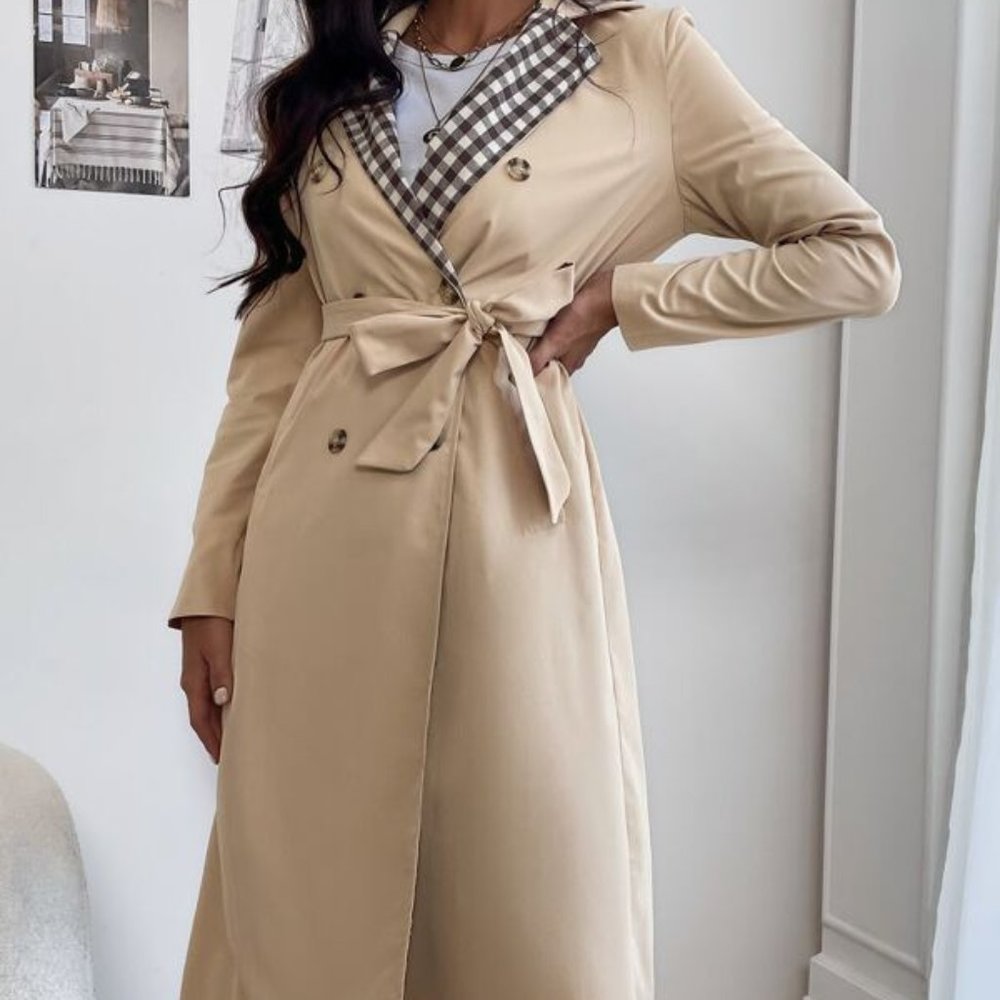 Gingham Lapel Collar Belted Trench Coat - Picture 4 of 7